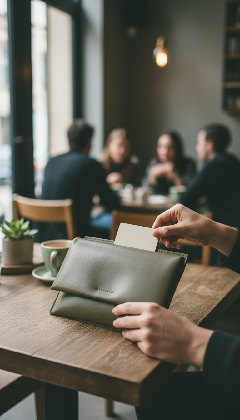 Olive concrete leather clutch in use