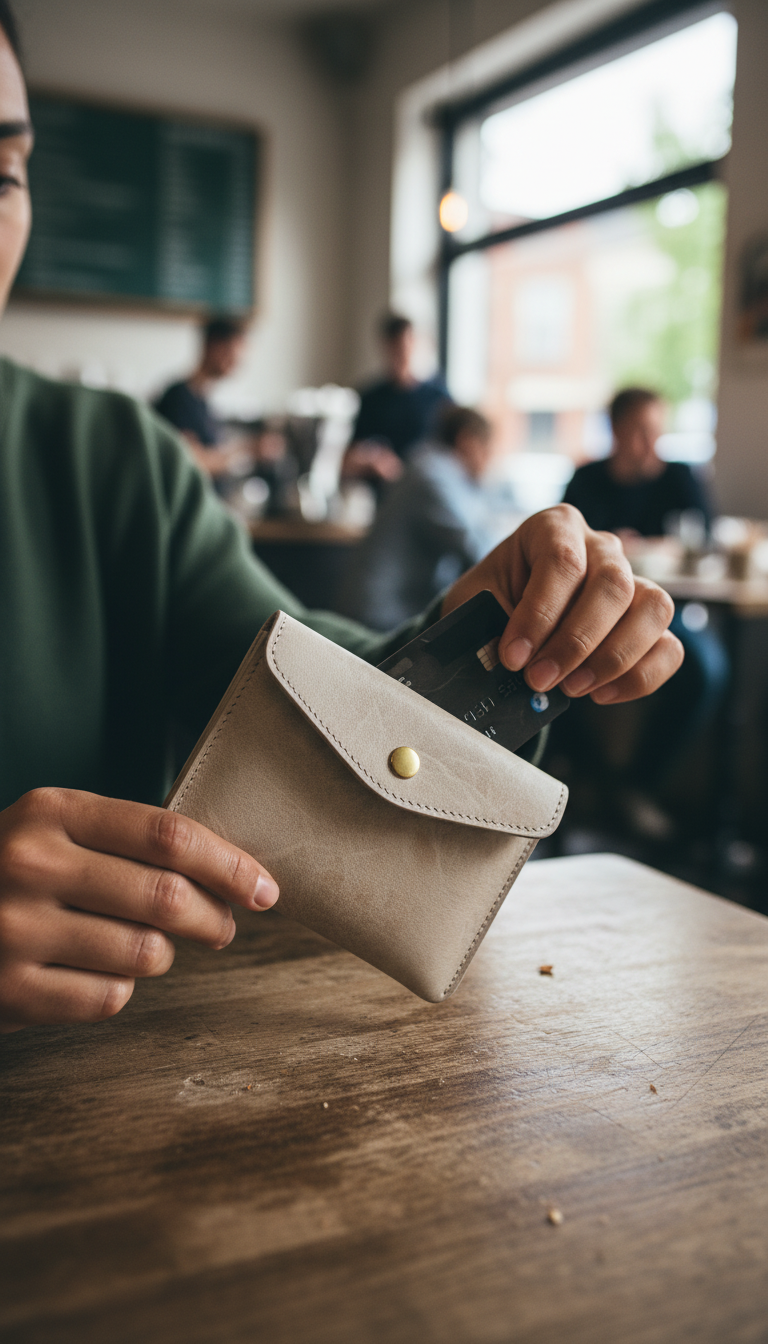Stone leather card pouch in use