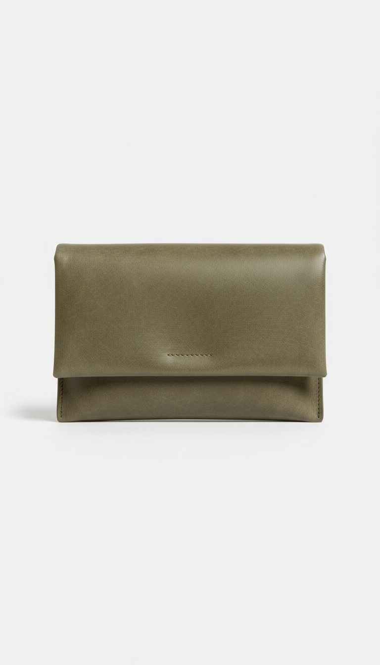 Olive Concrete leather clutch, perfectly centered horizontally and vertically with equal negative space above and below,...