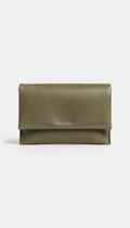 Olive Concrete leather clutch, perfectly centered horizontally and vertically with equal negative space above and below,...