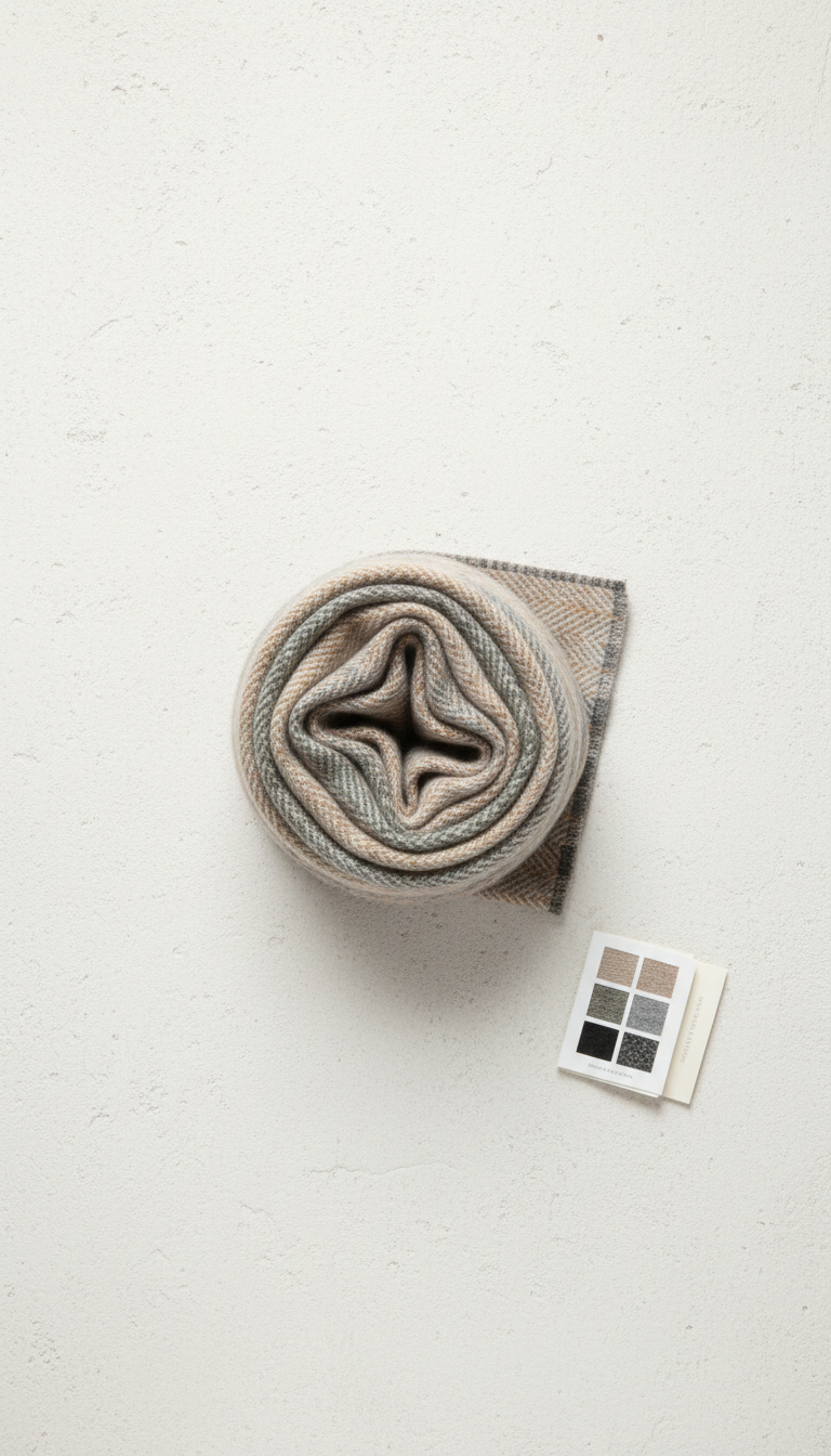 Wool cashmere blend bundle, Default: Eye-level or slightly overhead 3/4 angle showing fabric draped over a softly curved...