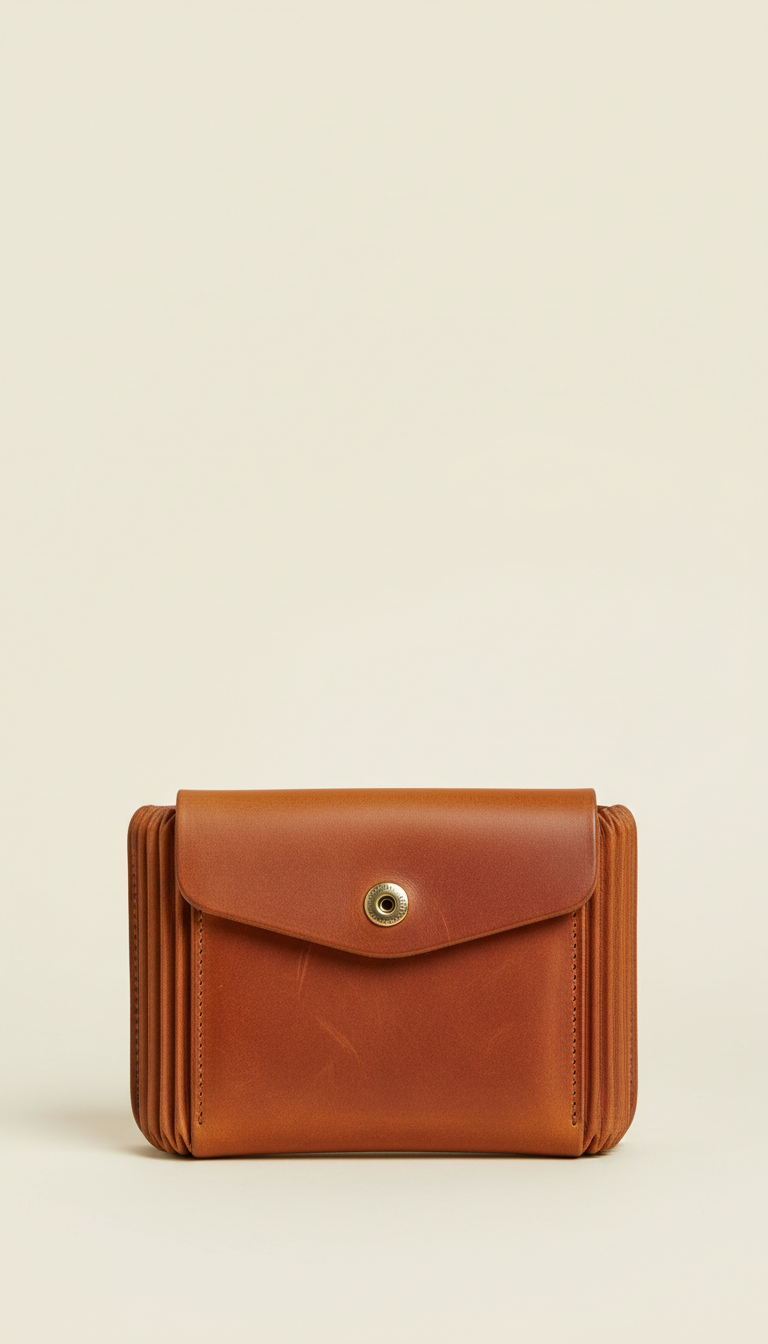 Accordion wallet in burnished cognac leather, Default angle: elevated 3/4 front with bag facing camera to showcase...