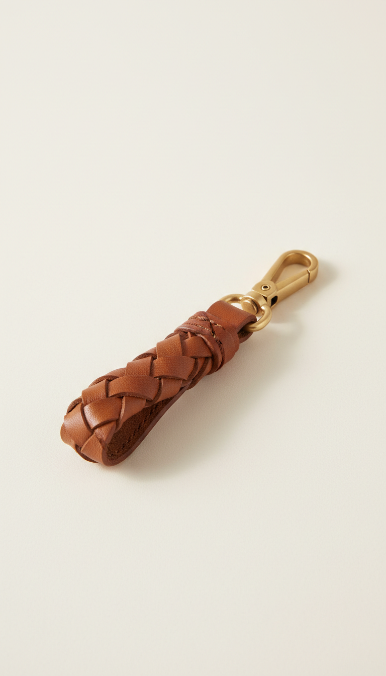 A luxury leather keychain is displayed in the center of a Cream White backdrop, showcasing its sophisticated design and...