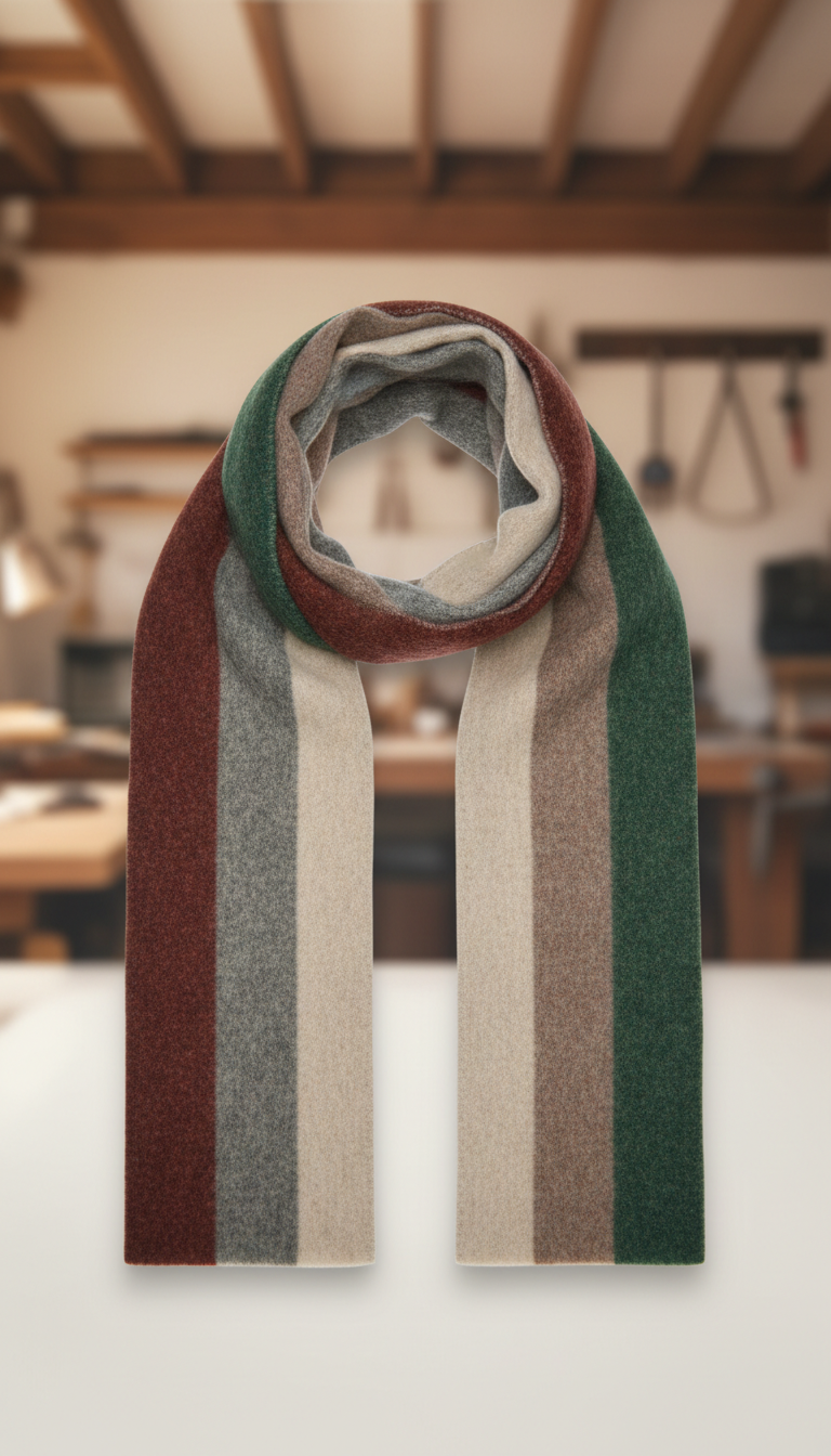 Cashmere Travel Scarf, 3/4 angle product shots on oiled wood or stone surfaces (never pure white), showing tactile...
